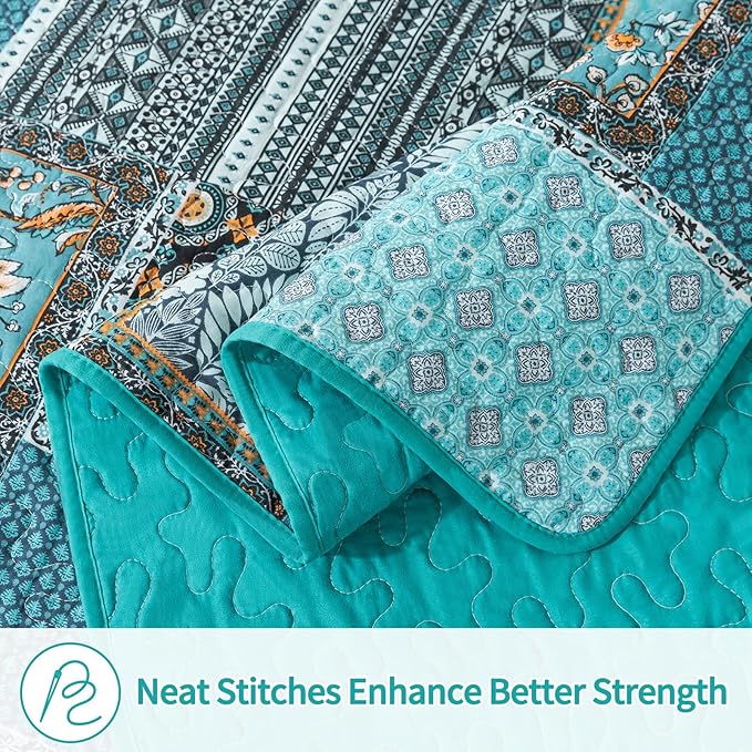 BEDIFANY Cotton California King Size Quilt for Farmhouse- Teal Oversized King Bedspread Set - Highly-Woven Soft Lightweight Coverlet for All Seasons, 3 Pieces