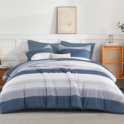 Andency Full Size Comforter Set Mineral Blue - 7 Pieces Blue Striped Lightweight Bed in a Bag, Soft Microfiber Reversible Bedding Set with Comforter, Fitted & Flat Sheet, Pillowcases & Shams