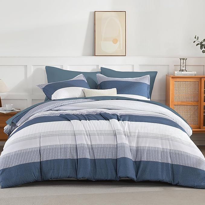 Andency Comforter Set Mineral Blue Oversized King(120"x120")- 7 Pieces Striped Lightweight Bed in a Bag, Soft Reversible Bedding Set with Comforter, Fitted & Flat Sheet, Pillowcases & Shams