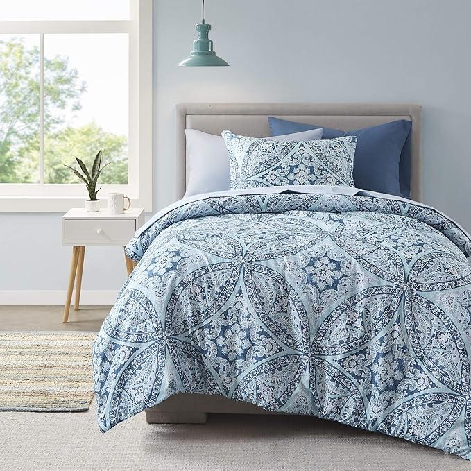 Comfort Spaces Bed in A Bag - Trendy Casual Design Cozy Comforter with Complete Sheet Set with Side Pocket, All Season Cover, Matching Shams, Twin(66"x90"), Gloria, Damask Blue 6 Piece
