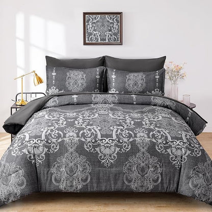 Mybedsoul 7 Pieces Grey Comforter Set Queen Size, Damask Bed in a Bag for Queen Bed, Lightweight Microfiber Boho Bedding Sets with Comforter, Sheet, Pillowcases & Shams for All Season (90"x90")