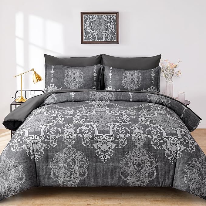 Mybedsoul 7 Pieces Grey Comforter Set King Size, Damask Bed in a Bag for King Bed, Lightweight Microfiber Boho Bedding Sets with Comforter, Sheet, Pillowcases & Shams for All Season (90"x104")