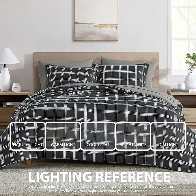 Cathay Home Basic Bedding Home Essential Ultra Soft Lightweight 7PC Wrinkle Resistant Microfiber Bed in a Bag Set (Includes Complete Sheet Set & Comforter Set) - Black Plaid, Queen