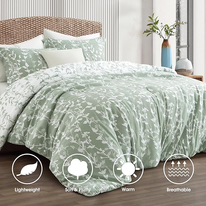 Sage Green Comforter Set, Queen Size, Vivid Leaves Branch 3 Pieces Bedding Set, Soft Polyester Microfiber Print, All Seasons, 1 Lightweight Comforter and 2 Pillow Shams