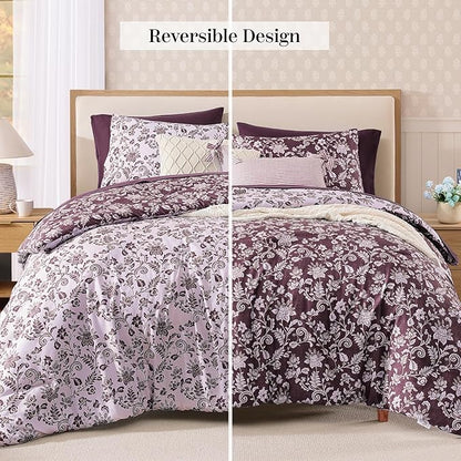 Queen Comforter Set -7 Pieces Floral Dark Purple Comforter Set for All Seasons, Bed in a Bag Queen with Botanical Flowers Comforter, Sheets, Pillowcases & Shams
