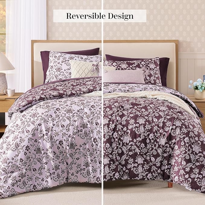 Full Comforter Set -7 Pieces Floral Dark Purple Comforter Set for All Seasons, Bed in a Bag Full with Botanical Flowers Comforter, Sheets, Pillowcases & Shams