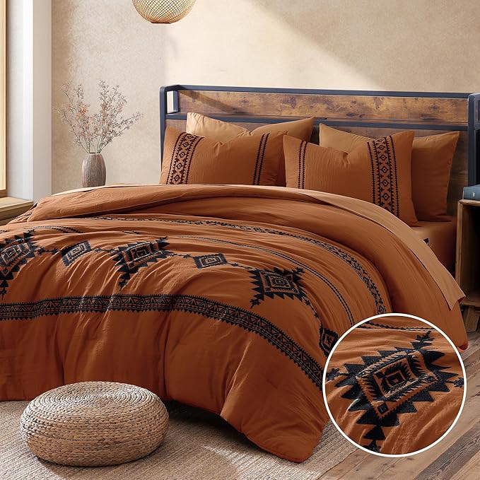 MaiRêve Embroidery Comforter Set, Boho Farmhouse Western Bedding Set, All Season Bed in A Bag Comforter Set with Sheets, Pillowcases & Shams, Burnt Orange California King 7 Pieces