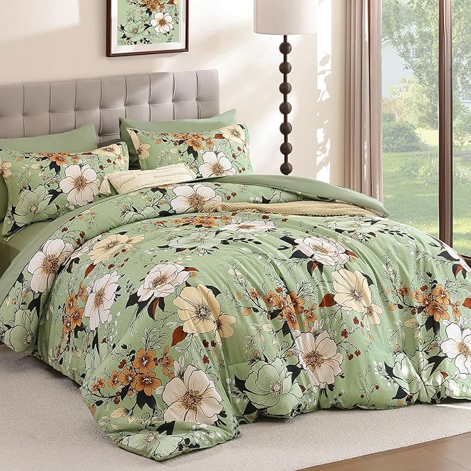 Xruibed Floral Comforter Set Queen Size 7 Pieces, Sage Green Bed in a Bag Flower Boho Comforter Set with Sheet, Pillowcases, Pillowshams, Soft Microfiber Bedding Set for All Season (Queen 90''x90'')