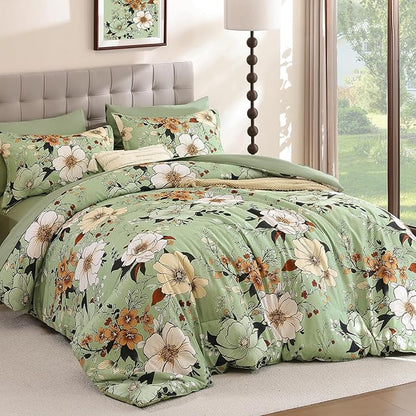Xruibed Floral Comforter Set King Size 7 Pieces, Sage Green Bed in a Bag Flower Boho Comforter Set with Sheet, Pillowcases, Pillowshams, Soft Microfiber Bedding Set for All Season (King 104''x90'')