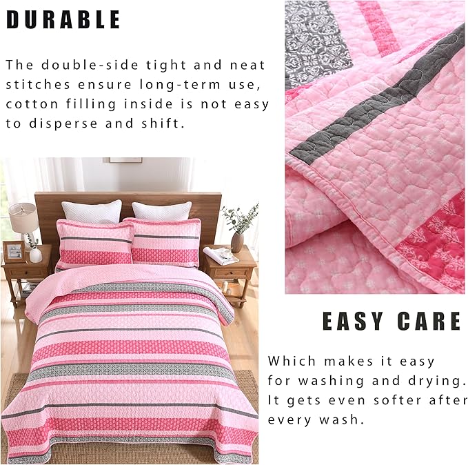 Homzard Quilts Queen Size, Cotton Comforter Set, Hot Pink Grey Queen Bed Set, Lightweight Striped Bedding, Farmhouse Bedspread All Season 3 Pieces