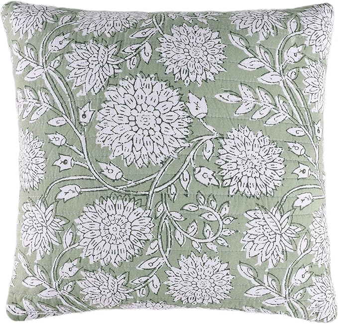Levtex Home – Adare Sage Decorative Pillow – 18x18in – Feather Filled Throw Pillow – Floral Pattern – Sage and White – Zipper Closure