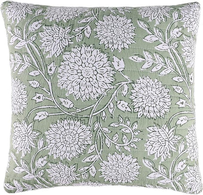 Levtex Home – Adare Sage Decorative Pillow – 18x18in – Feather Filled Throw Pillow – Floral Pattern – Sage and White – Zipper Closure