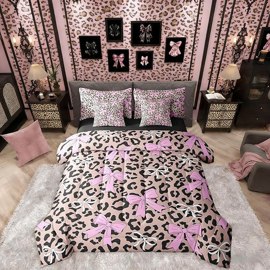 Erosebridal Bow Leopard Girly Pink Full Comforter Set 7 Pieces | Bowknot Ribbon Bed in A Bag for Bedroom Fur Print Cheetah Bedding Set with Comforters Brown Black Room Decor