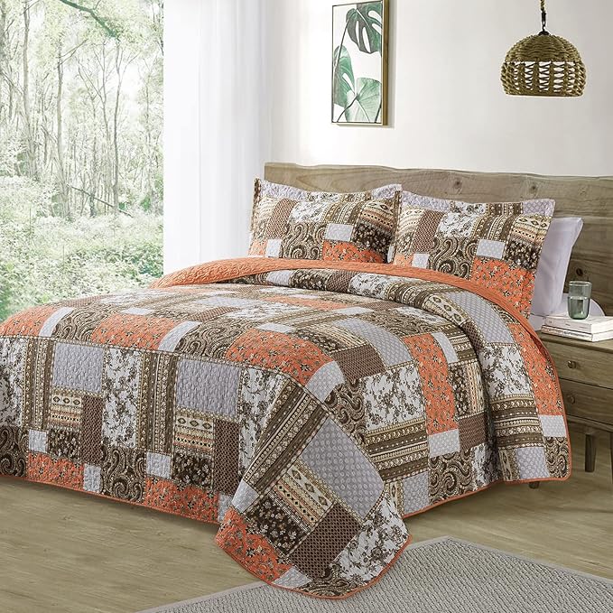 BEDIFANY Cotton Quilts King Size for Farmhouse- Fall Patchwork Bedspread Set - Highly-Woven Soft Reversible King Size Bed Spread for All Seasons (Floral Orange) 3 Pieces