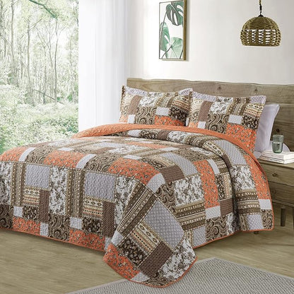 BEDIFANY Cotton Quilts King Size for Farmhouse- Fall Patchwork Bedspread Set - Highly-Woven Soft Reversible King Size Bed Spread for All Seasons (Floral Orange) 3 Pieces