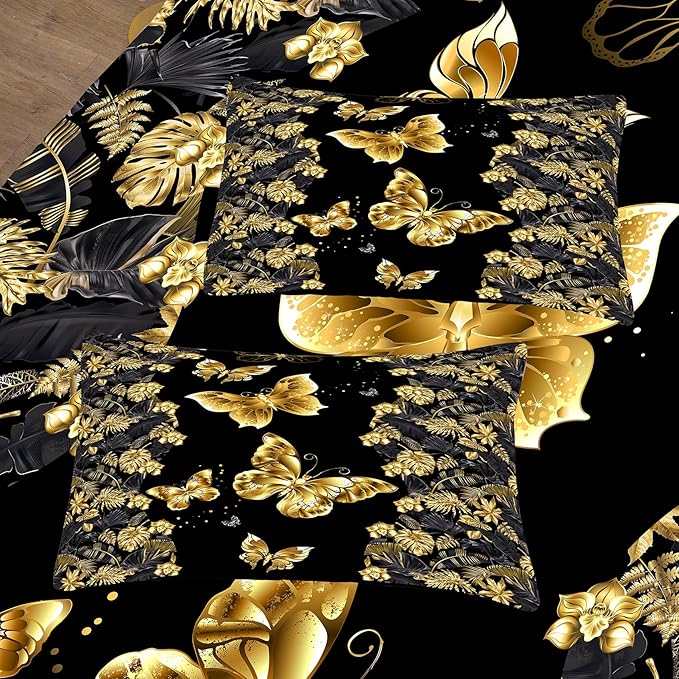Tailor Shop Black and Gold Comforter Set King Size for Girls Kids Boys Women,Butterfly Bedding Gold Butterflies Bed Sets with 2 Pillowcases…
