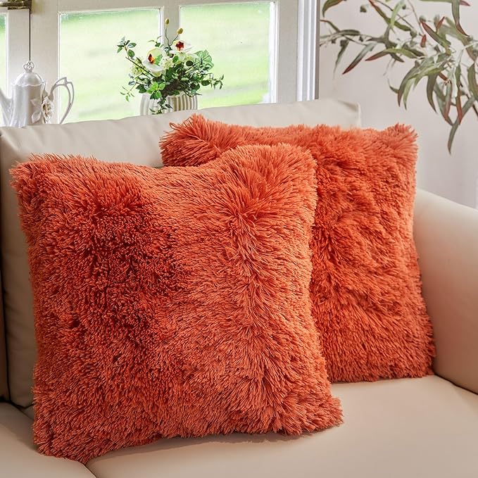 Cheer Collection Throw Pillows for Couch and Bed, Soft Shaggy Throw Pillows with Inserts Included, Cozy Long Hair Faux Fur Pillows - Set of 2-20" x 20" - Rust Orange