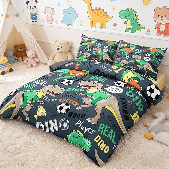 MWMWMW Dinosaur Bedding Sets Twin, 2-Piece Cartoon Dinosaur and Soccer Print Comforter Set for Boys Kids, Twin Size Soft Microfiber Bedding Sets for Boys Kids with 1 Pillowcase and 1 Comforter