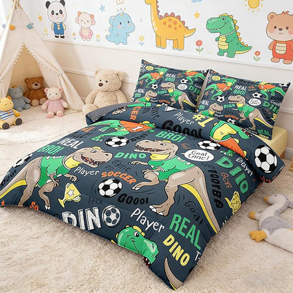MWMWMW Dinosaur Bedding Sets Twin, 2-Piece Cartoon Dinosaur and Soccer Print Comforter Set for Boys Kids, Twin Size Soft Microfiber Bedding Sets for Boys Kids with 1 Pillowcase and 1 Comforter