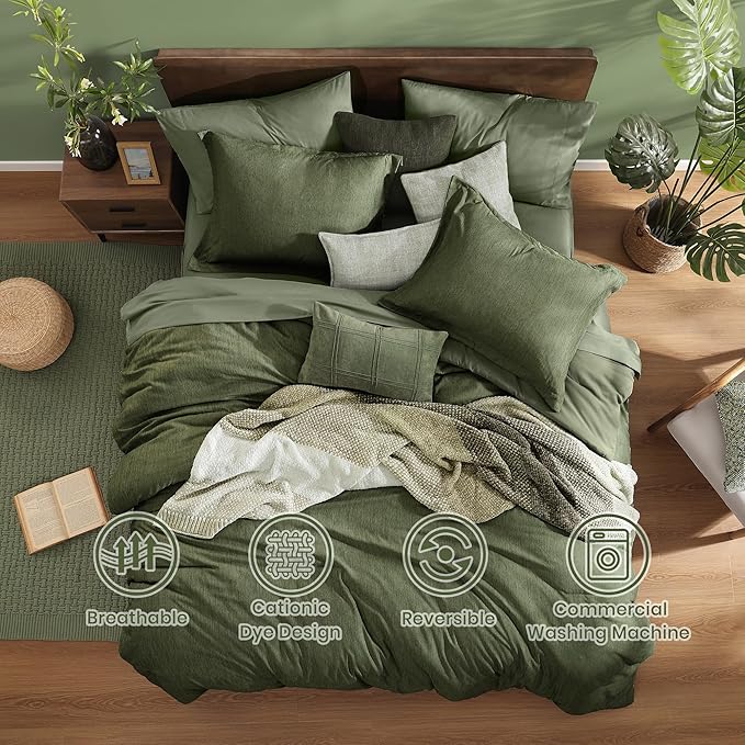 Monbix Oversized Queen Comforter Set - 7 Pieces Cationic Dyeing Olive Green Bed in a Bag Bedding Sets with Comforter, Sheets, Pillowcases & Shams, Reversible Bedding Comforters Sets