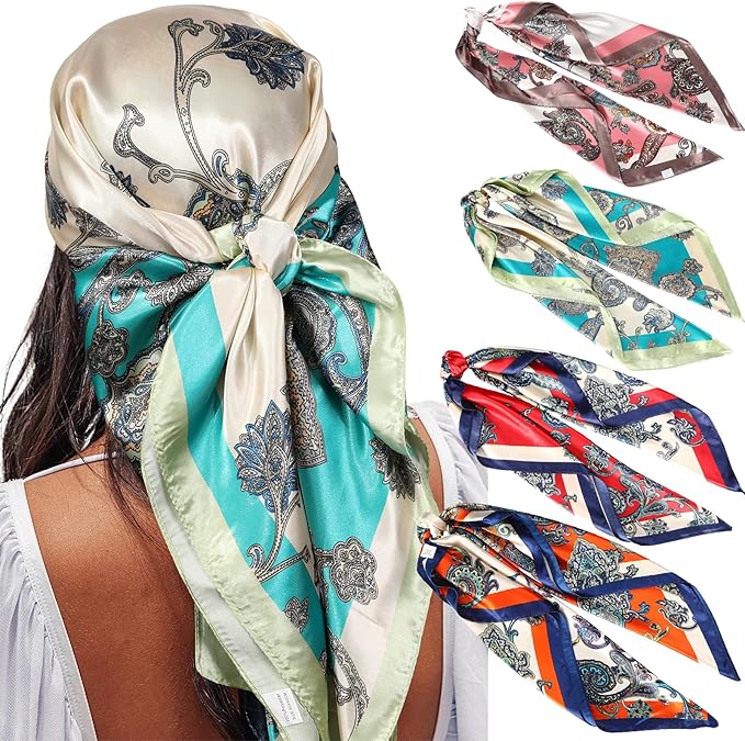 AWAYTR 35” Satin Large Square Head Scarves - 4PCS Silk Like Neck Scarf Hair Sleeping Wraps Satin Silk Scarfs for Women