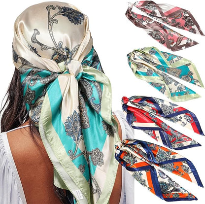 AWAYTR 35” Satin Large Square Head Scarves - 4PCS Silk Like Neck Scarf Hair Sleeping Wraps Satin Silk Scarfs for Women