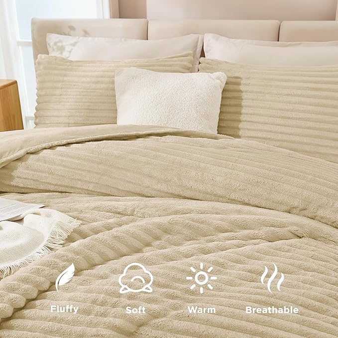 Andency Fleece Queen Comforter Set, 3 Pieces Beige Comforter Set for Queen Size Bed, Soft Warm Cream Fluffy Fuzzy Luxury Bedding Set for Winter (1 Comforter & 2 Pillowcases)