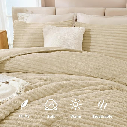 Andency Fleece Queen Comforter Set, 3 Pieces Beige Comforter Set for Queen Size Bed, Soft Warm Cream Fluffy Fuzzy Luxury Bedding Set for Winter (1 Comforter & 2 Pillowcases)