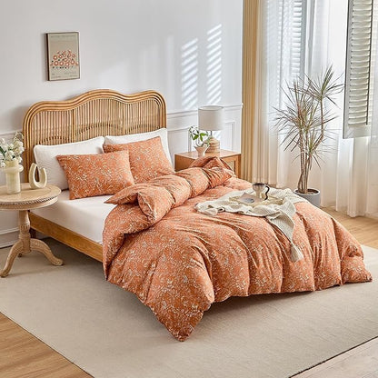 Ultra Soft 3 Pieces Floral Comforter Set, 68x90 Warm Lightweight Bedding Set with 2 Pillowcases Burnt Orange Alternative Botanical Comforter Set Gifts for Girls, Men, Twin XL