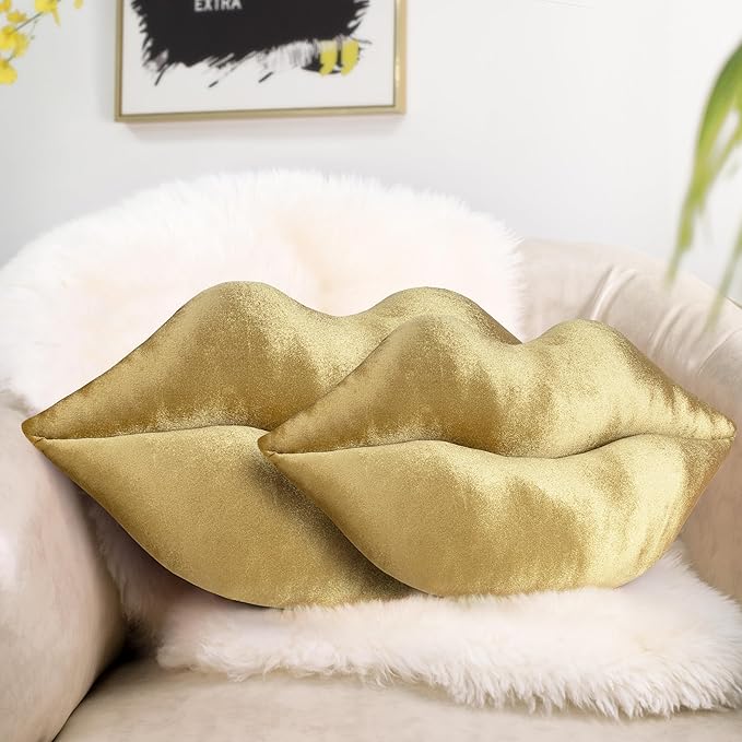 AELS 3D Large Lips Throw Pillows, Set of 2, Soft Decorative Love Pillows, Velvet Cute Pillow for Couch, Sofa, Bed, Living Room, Bedroom, Bronze Gold