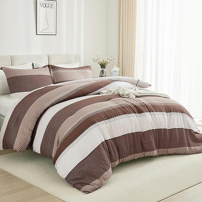 Litanika Brown Comforter Set California King - 3 Pieces Lightweight Brown White Colorblock Stripe Fluffy Bedding Comforter Sets, All Season Bed Set