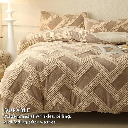 Tufted Boho Comforter Set Twin - Beige Fluffy Sherpa Bedding Set, Soft Fuzzy Jacquard Quilt Set, 2 Pieces Cozy Bed Set Warm Comforter for Winter(68"X90")