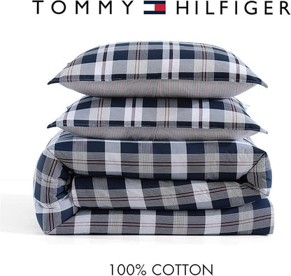 Tommy Hilfiger - King Comforter Set, Cotton Textured Bedding with Matching Shams, Medium Weight Bed Set, Oeko-TEX Certified (Dream Madras Blue)