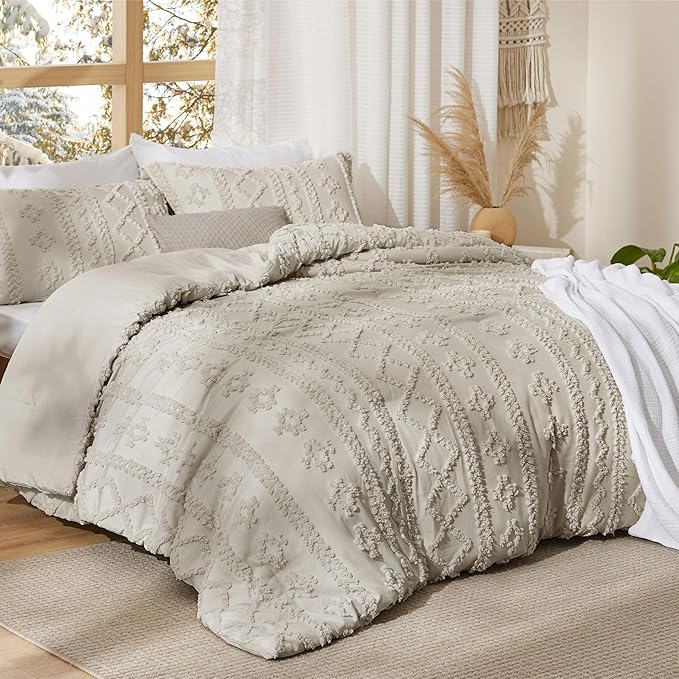 Bedsure Tufted Boho Comforter Set Oversized King - Linen Boho Bed Set, GentleSoft™ 3 Pieces Farmhouse Shabby Chic Embroidery Bedding, Gifts for Woman, Soft Jacquard Comforter for All Seasons