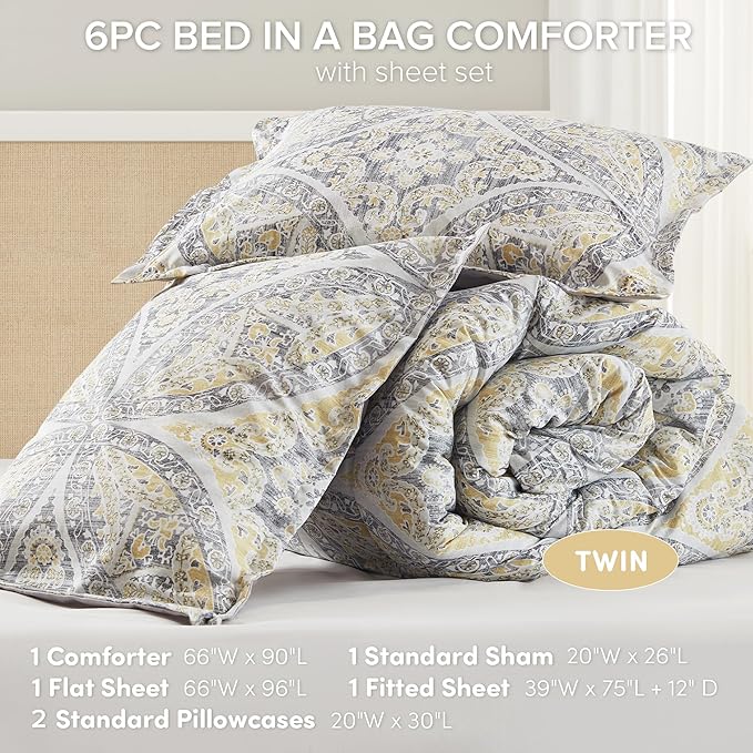 Comfort Spaces Bed in A Bag Comforter Set - Trendy Casual Design Twin Comforter with Complete Sheet Set with Side Pocket, All Season Comforter Twin, Shams, Gloria, Twin Grey/Yellow 6 Piece