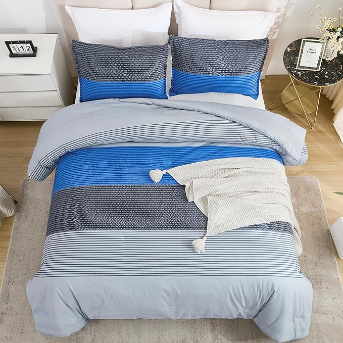 Litanika Bed Comforter Queen Set Grey Blue, Striped Bedding Set, 3 Pieces Lightweight Soft All Season Down Alternative Comforter and Pillowcases