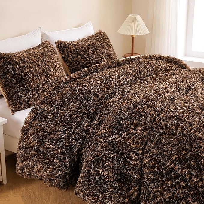 Leopard Print Fluffy Faux Fur Comforter Set Full Size, 3 Pieces Brown Cheetah Plush Shaggy Fuzzy Bedding Set, Ultra Soft Luxury Furry Boho Animal Print Winter Warm Comforter for Women Gilrs