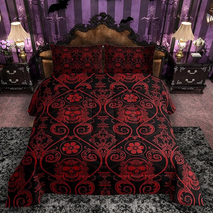 Feelyou Adults Red Vintage Damask Floral Comforter Set Oriental Antique Comforter Queen Size Exotic Sugar Skull Rose Bedding Set Gothic Bohemia Boho Duvet Set Quilt Set 3Pcs