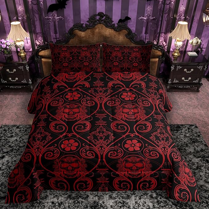 Feelyou Adults Red Vintage Damask Floral Comforter Set Oriental Antique Comforter Twin Size Exotic Sugar Skull Rose Bedding Set Gothic Bohemia Boho Duvet Set Quilt Set 2Pcs