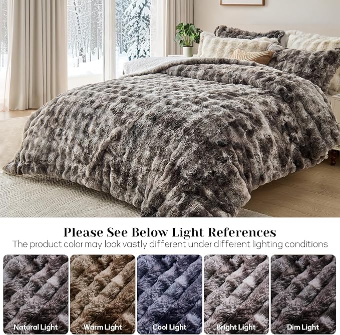 DAICO 3 Pieces Fluffy Faux Rabbit Fur Comforter Set Plush Fuzzy Bubble Comforter Bedding Set Warm Cozy Bedding Comforter Sets for Winter, 1 Comforter and 2 Pillowcases, Queen Size, Tie Dye Grey