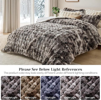 DAICO 3 Pieces Fluffy Faux Rabbit Fur Comforter Set Plush Fuzzy Bubble Comforter Bedding Set Warm Cozy Bedding Comforter Sets for Winter, 1 Comforter and 2 Pillowcases, Queen Size, Tie Dye Grey