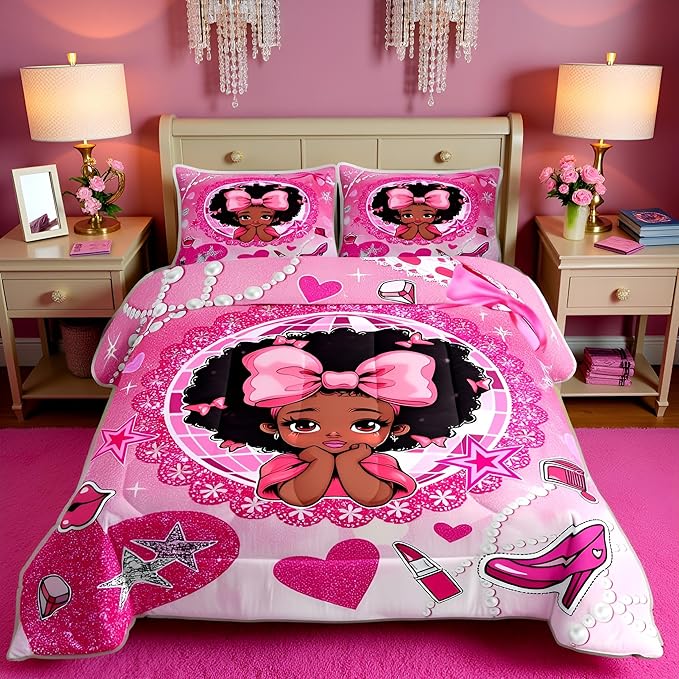 Manfei Black Princess Girly Comforter Set Twin Size,High-Heeled Shoes Lip Bowknot Diamond Bedding Set,Girls Women Room Decor,African American Girls Down Comforter,Pink Cute Duvet Insert,1 Pillowcase