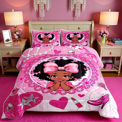 Manfei Black Princess Girly Comforter Set Twin Size,High-Heeled Shoes Lip Bowknot Diamond Bedding Set,Girls Women Room Decor,African American Girls Down Comforter,Pink Cute Duvet Insert,1 Pillowcase