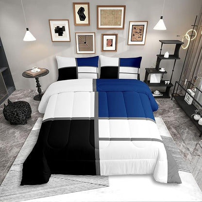 Erosebridal Geometric Abstract Bedding Set Full Size Blue and White Striped Comforter Set for Adult Women Men Square Grid Bed Sets Modern Art Patchwork Duvet Quilt Sets for Minimalist