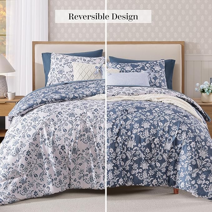 Queen Comforter Set -7 Pieces Floral Oxford Blue Comforter Set for All Seasons, Bed in a Bag Queen with Botanical Flowers Comforter, Sheets, Pillowcases & Shams
