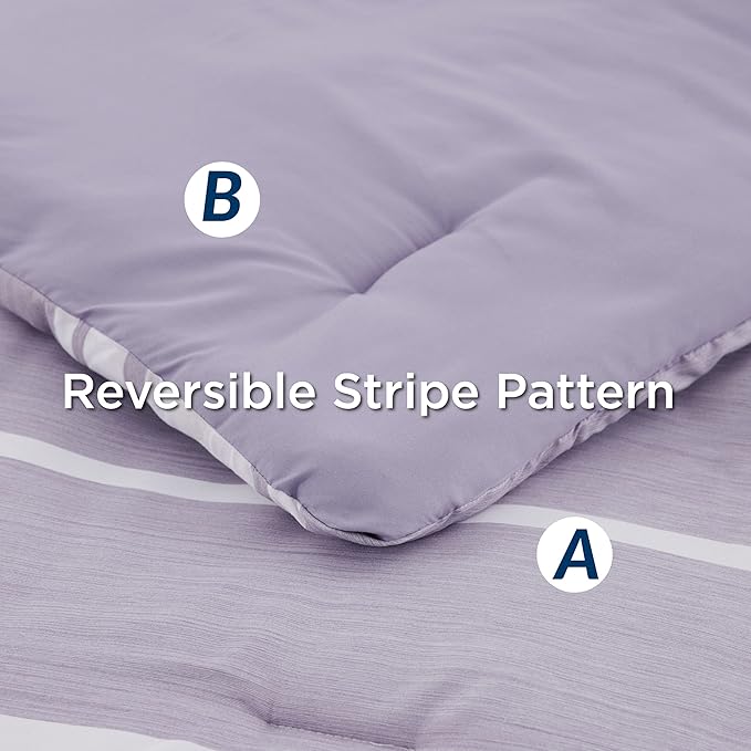 Bedsure Queen Comforter Set 7 Pieces, Purple Striped Bedding Set for All Seasons, Reversible, Cationic Dyeing Bed in a Bag with Comforter, Sheets, Pillowcases & Shams
