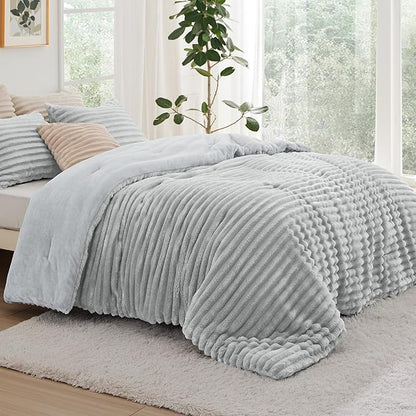 Bedsure King Size Comforter Set - GentleSoft™ 3 Pieces Fluffy Double-Side Fleece Comforter Set, Cozy Striped Room Decor Aesthetic, Luxury Light Grey King Bedding with 2 Pillowcases, 104x90 Inches