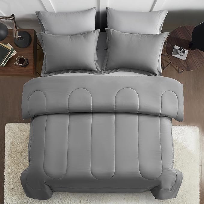 Maple&Stone Full Size Comforter Set 7 Pieces Bed in a Bag - Down Alternative Bed Set with Sheets, Pillowcases & Shams, Soft Reversible Duvet Insert,Grey