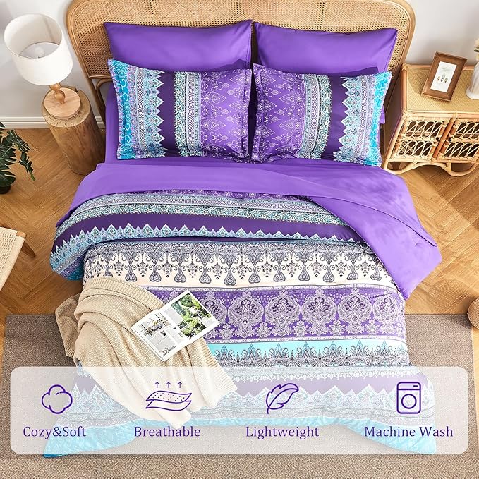 Boho Comforter Set Queen - 7 Pieces Bed in a Bag, Bohemian Striped Comforter Set with Sheets, Soft Microfiber Purple Floral Bedding Set for All Season