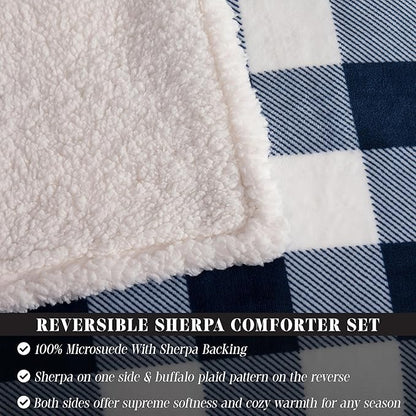 Elegant Comfort 3-Piece Buffalo Lodge-Plaid Comforter Set, Luxurious, Heavyweight, All Season, Down Alternative-Micromink Sherpa-Backing Reversible Micro-Suede, Soft and Plush, Twin, Navy Blue/White
